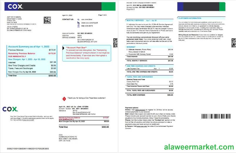 USA COX digital cable television utility bill, Word and PDF template, 2 pages